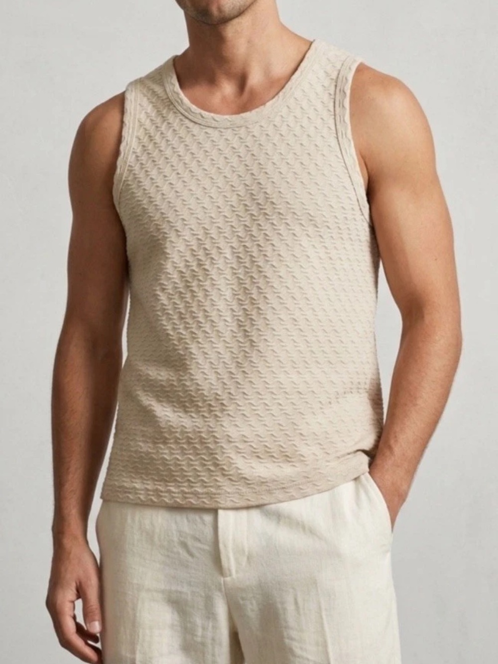 NovaMen Cream Beige Textured Boxy Tank Top Sz M